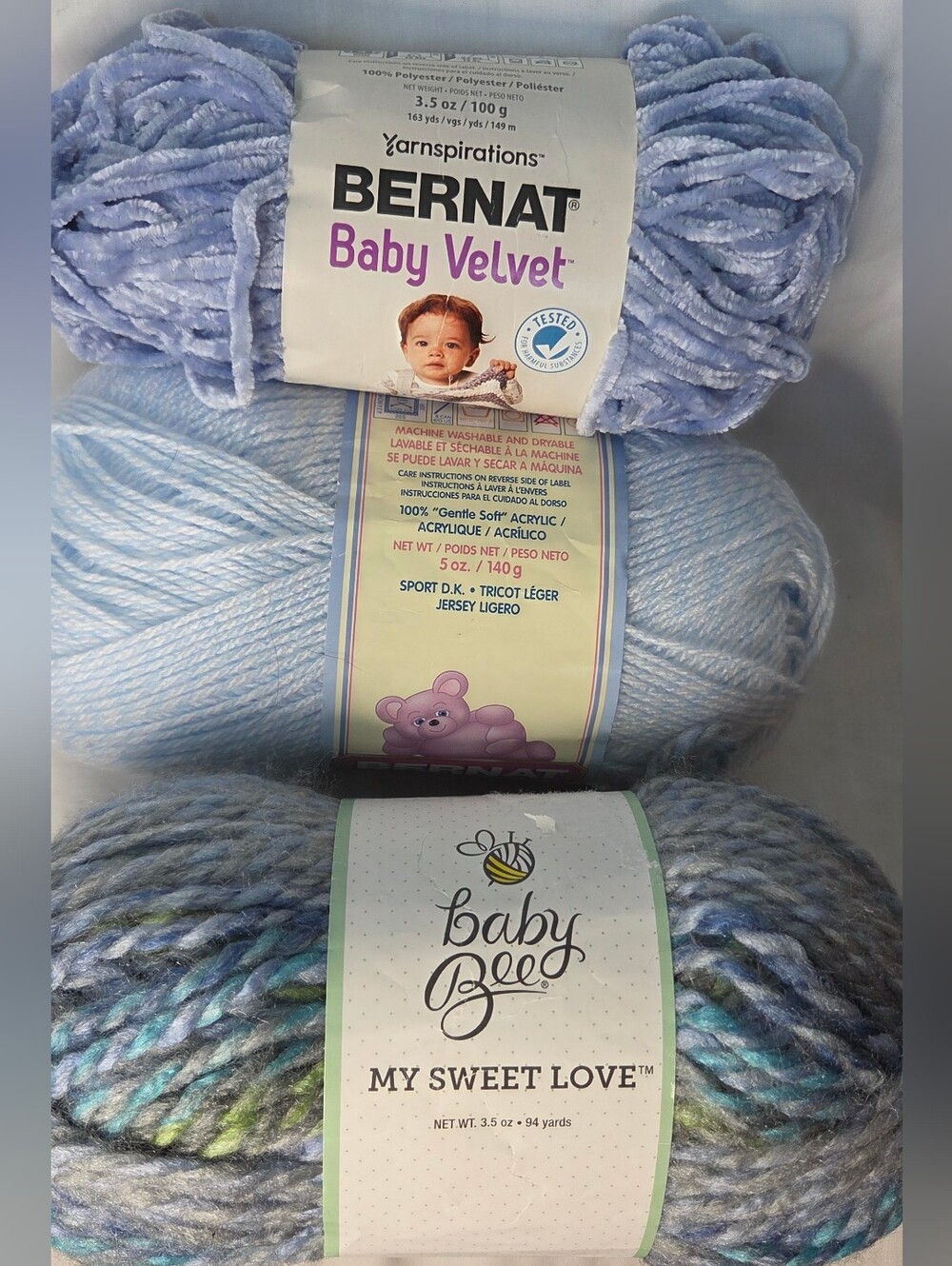 Lot: 3 Misc Skeins Bernat Baby Blue Velvet Bernat Light Blue Baby Bee Blue/Green